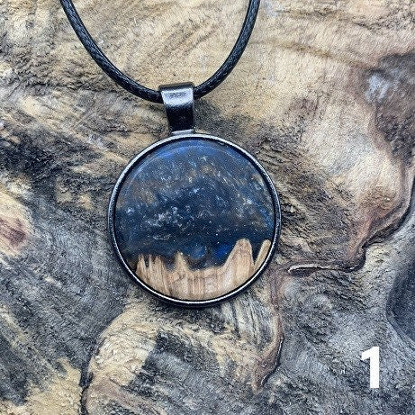 Exotic Wood Burl Pendant Unique Night Sky Design Round Resin Pendant