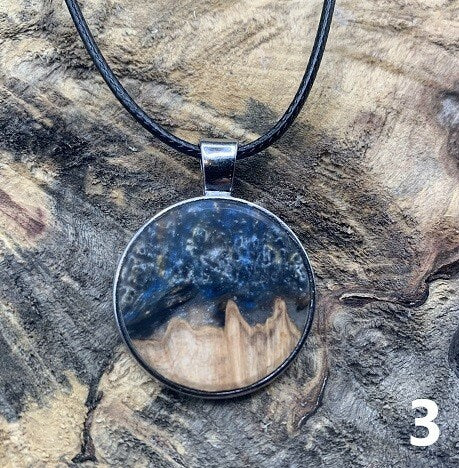 Exotic Wood Burl Pendant Unique Night Sky Design Round Resin Pendant