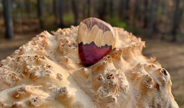 Handmade guitar pick, resin and wood burl, unique musician gift, wood anniversary gifts, color - magenta and black handcrafted plectrum