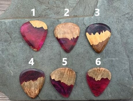 Handmade guitar pick, resin and wood burl, unique musician gift, wood anniversary gifts, color - magenta and black handcrafted plectrum