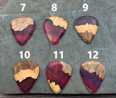 Handmade guitar pick, resin and wood burl, unique musician gift, wood anniversary gifts, color - magenta and black handcrafted plectrum