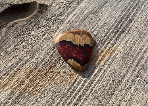 Handmade guitar pick, resin and wood burl, unique musician gift, wood anniversary gifts, color - black and red handcrafted plectrum