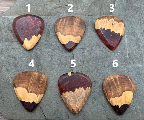 Handmade guitar pick, resin and wood burl, unique musician gift, wood anniversary gifts, color - black and red handcrafted plectrum