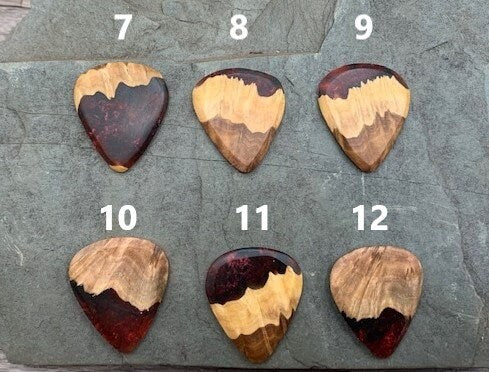 Handmade guitar pick, resin and wood burl, unique musician gift, wood anniversary gifts, color - black and red handcrafted plectrum