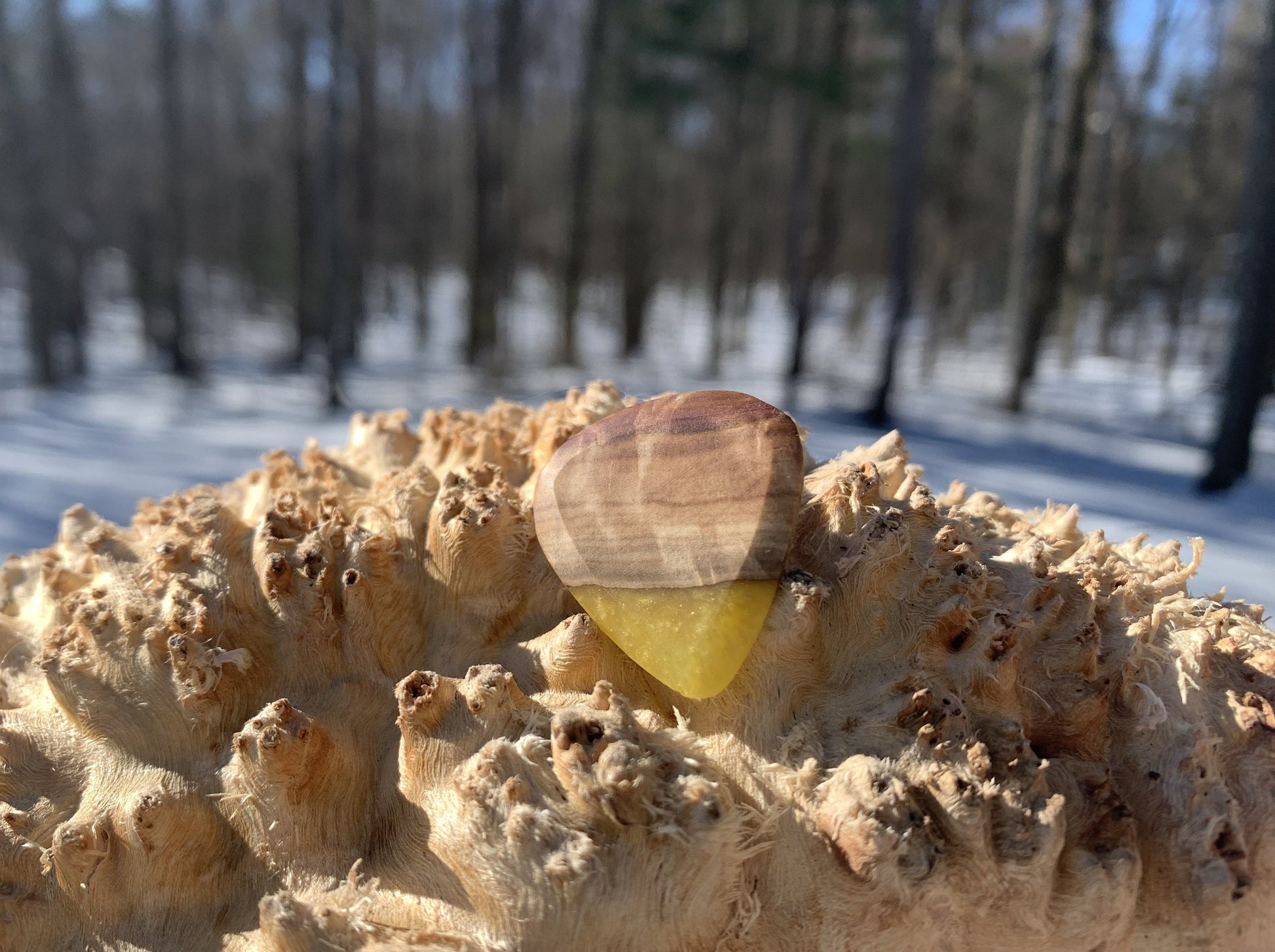 Handmade guitar pick, resin and wood burl, unique musician gift, wood anniversary gifts, color - bright yellow handcrafted plectrum