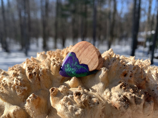 Handmade guitar pick, resin and wood burl, unique musician gift, wood anniversary gifts, comic villain green and purple handcrafted plectrum