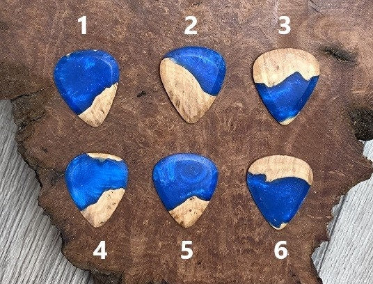 Handmade guitar pick, resin and wood burl, unique musician gift, wood anniversary gifts, color - sapphire blue handcrafted plectrum