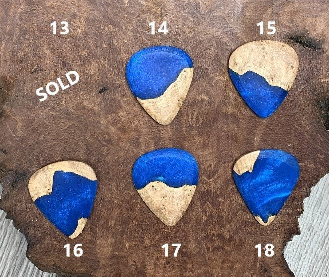 Handmade guitar pick, resin and wood burl, unique musician gift, wood anniversary gifts, color - sapphire blue handcrafted plectrum