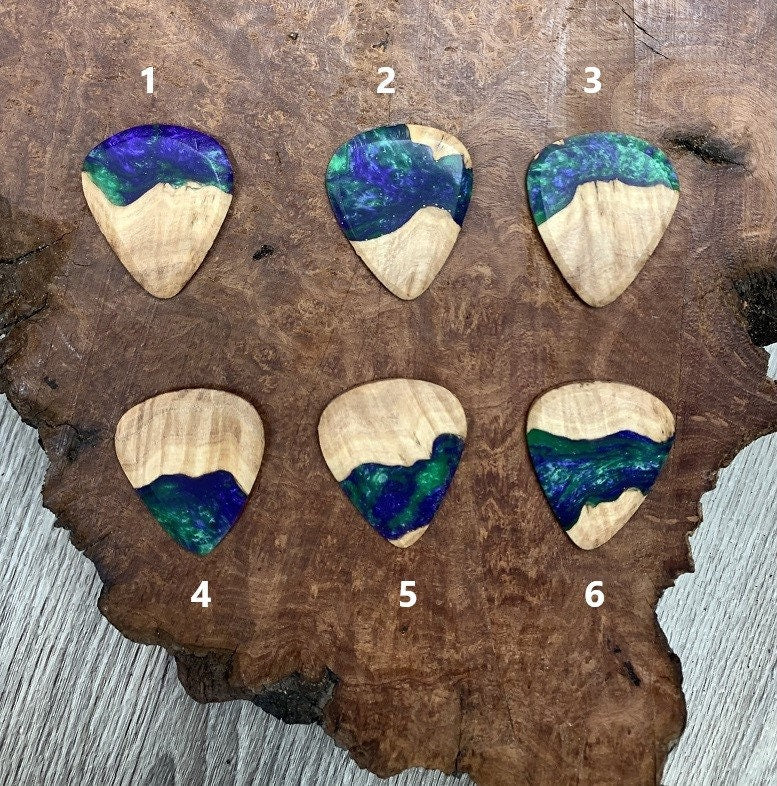 Handmade guitar pick, resin and wood burl, unique musician gift, wood anniversary gifts, comic villain green and purple handcrafted plectrum