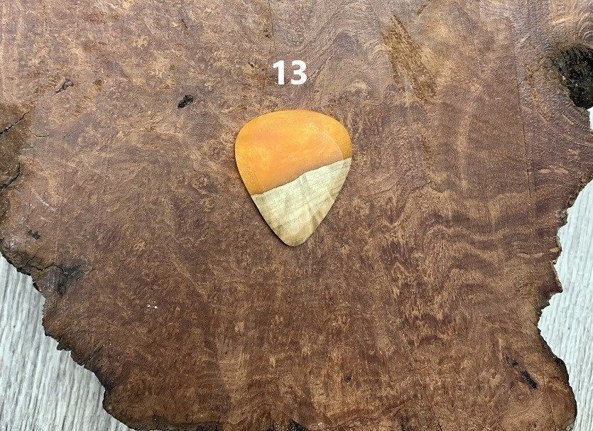 Handmade guitar pick, resin and wood burl, unique musician gift, wood anniversary gifts, color - Orange handcrafted plectrum