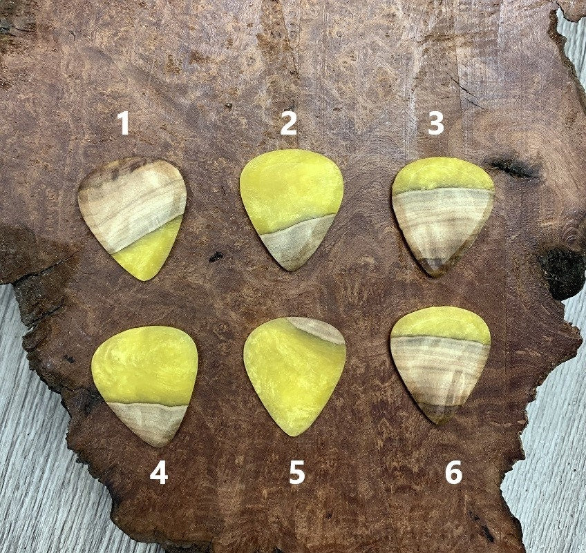 Handmade guitar pick, resin and wood burl, unique musician gift, wood anniversary gifts, color - bright yellow handcrafted plectrum