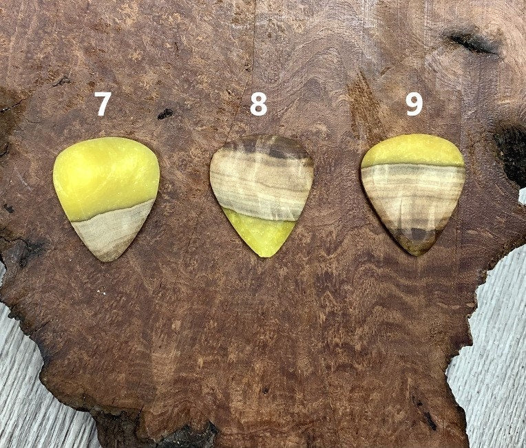 Handmade guitar pick, resin and wood burl, unique musician gift, wood anniversary gifts, color - bright yellow handcrafted plectrum