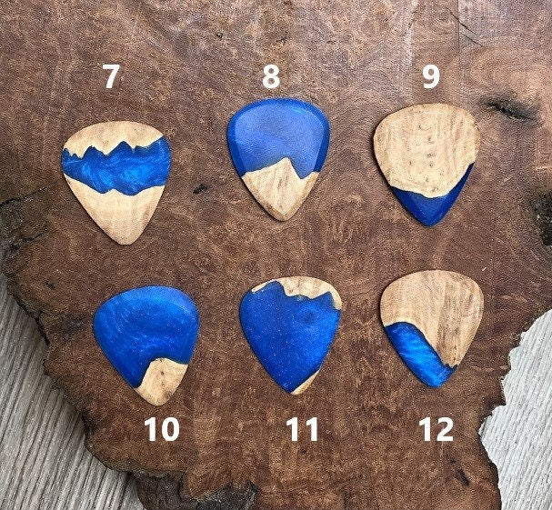 Handmade guitar pick, resin and wood burl, unique musician gift, wood anniversary gifts, color - sapphire blue handcrafted plectrum