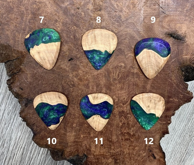 Handmade guitar pick, resin and wood burl, unique musician gift, wood anniversary gifts, comic villain green and purple handcrafted plectrum