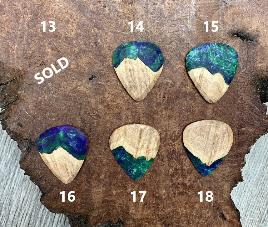 Handmade guitar pick, resin and wood burl, unique musician gift, wood anniversary gifts, comic villain green and purple handcrafted plectrum