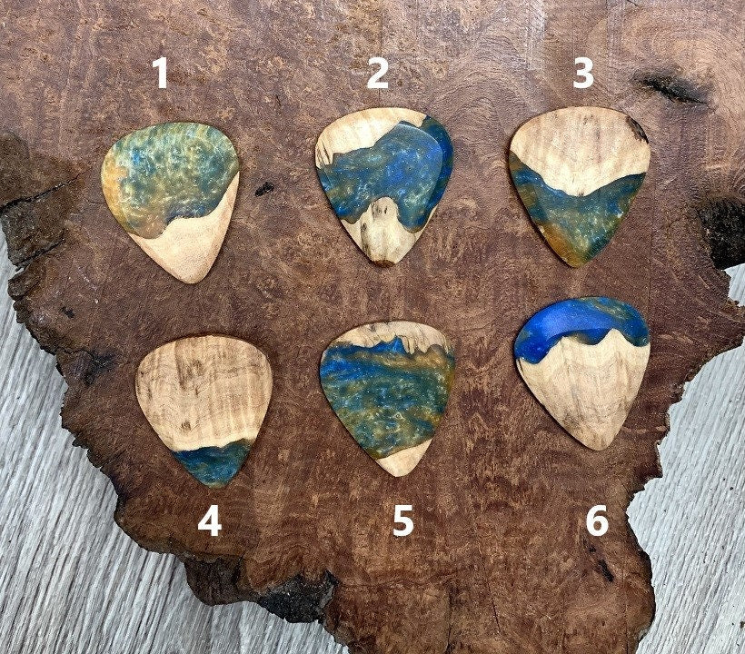 Handmade guitar pick, resin and wood burl, unique musician gift, wood anniversary gifts, color - Orange and blue handcrafted plectrum