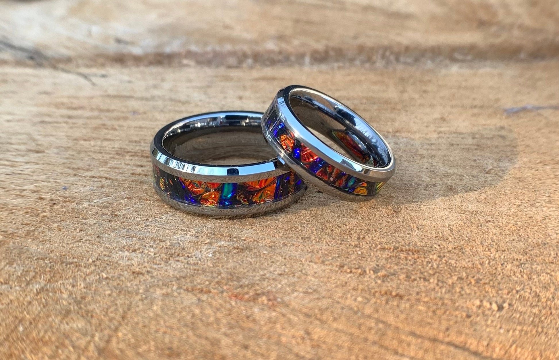 Blue and Red ring, Tungsten band, dichrolam inlay, men's ring, woman's ring, wedding band, engagement ring, unique ring gift, custom ring