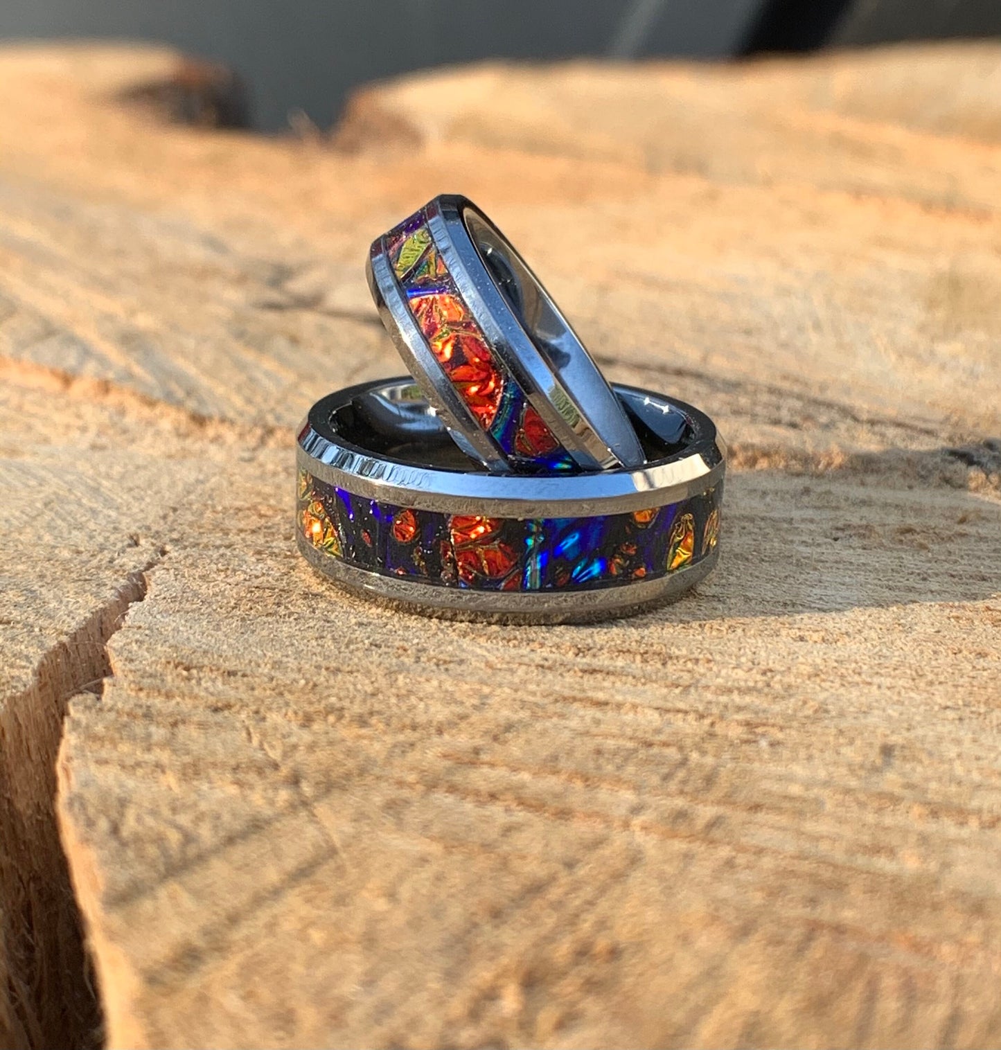 Blue and Red ring, Tungsten band, dichrolam inlay, men's ring, woman's ring, wedding band, engagement ring, unique ring gift, custom ring