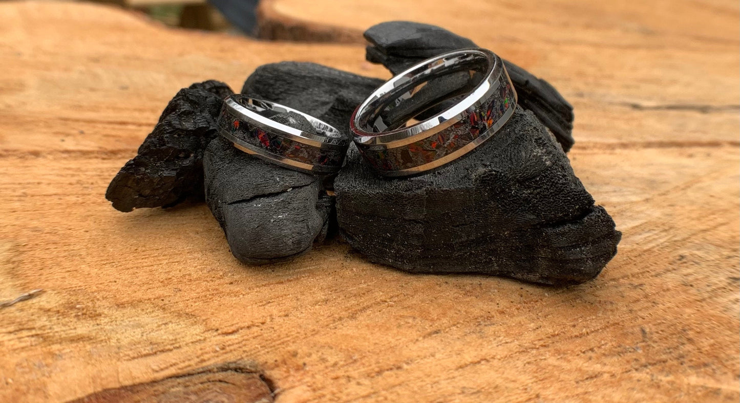 The Fire Pit, Black Opal ring, Tungsten band, Unisex ring, men's ring, woman's ring, wedding band, engagement ring, unique Camping gift, RV