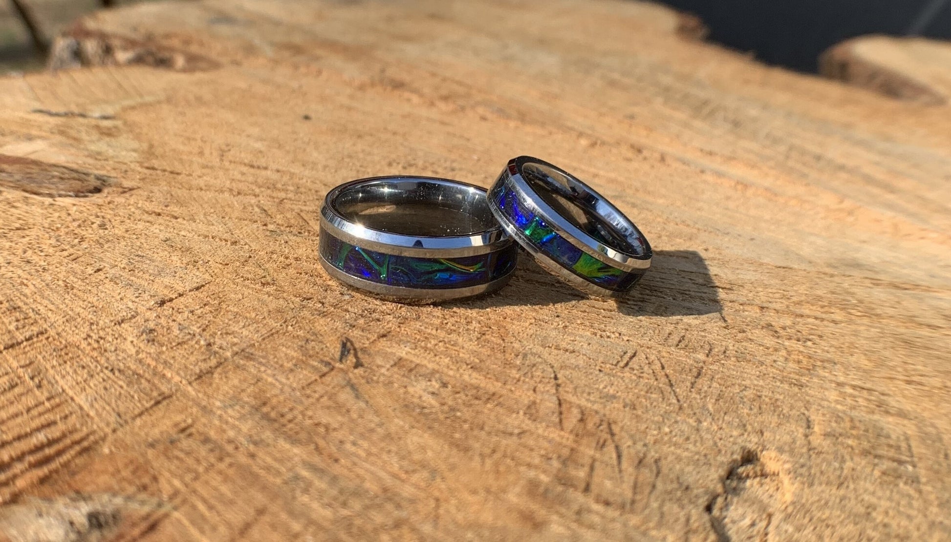 Sapphire blue ring, green ring, dichrolam, promise band,  wedding band, engagement band, vow renewal band, unique ring gift, matching band