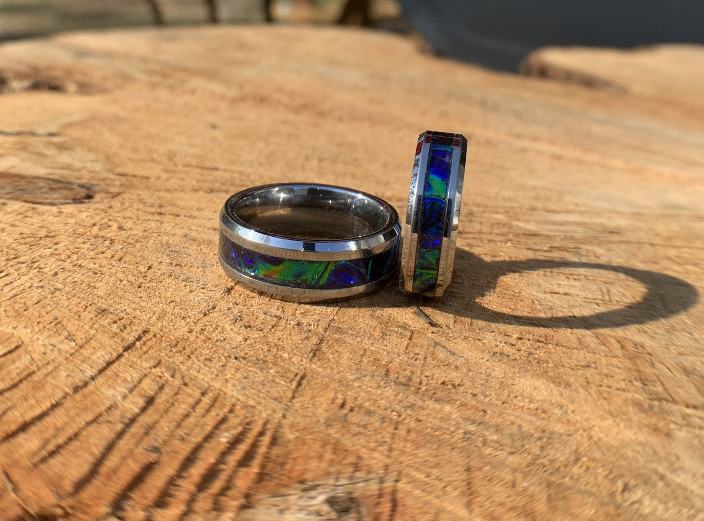 Sapphire blue ring, green ring, dichrolam, promise band,  wedding band, engagement band, vow renewal band, unique ring gift, matching band