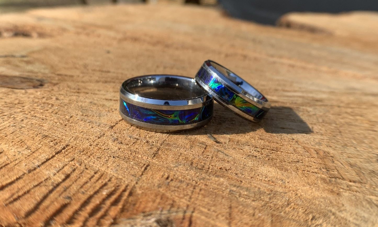 Sapphire blue ring, green ring, dichrolam, promise band,  wedding band, engagement band, vow renewal band, unique ring gift, matching band