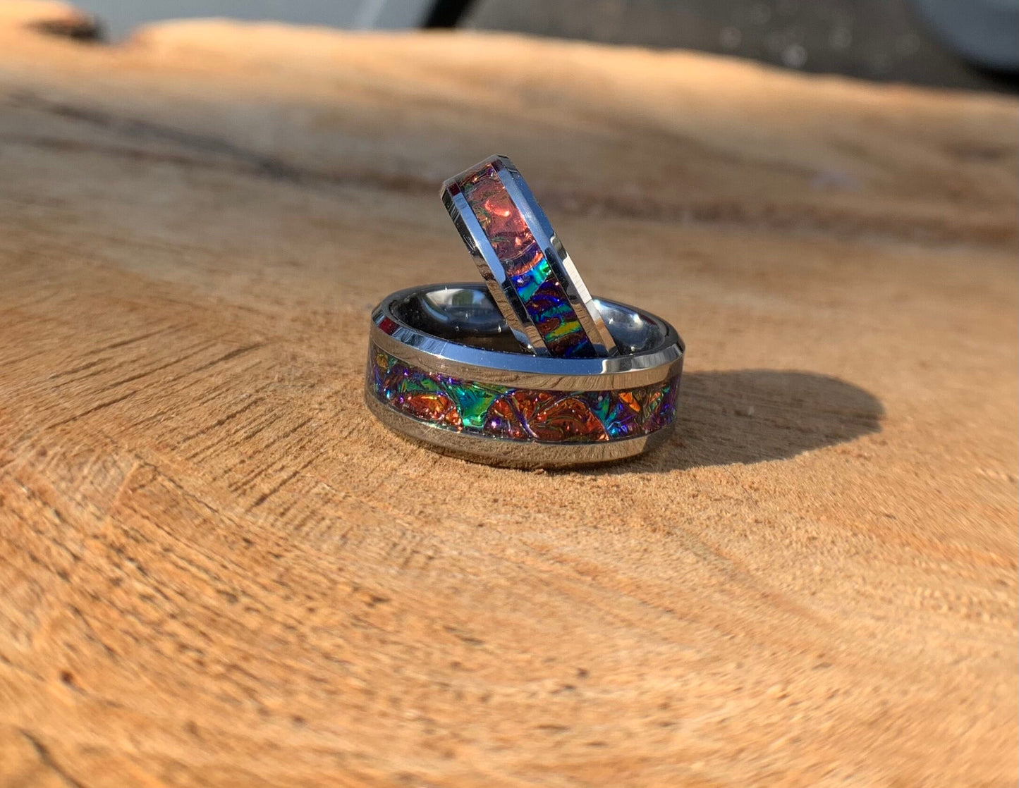 Tie Dye ring, Tungsten band, Rainbow inlay, dichrolam men's ring, woman's ring, wedding band, engagement ring, unique ring gift, custom ring