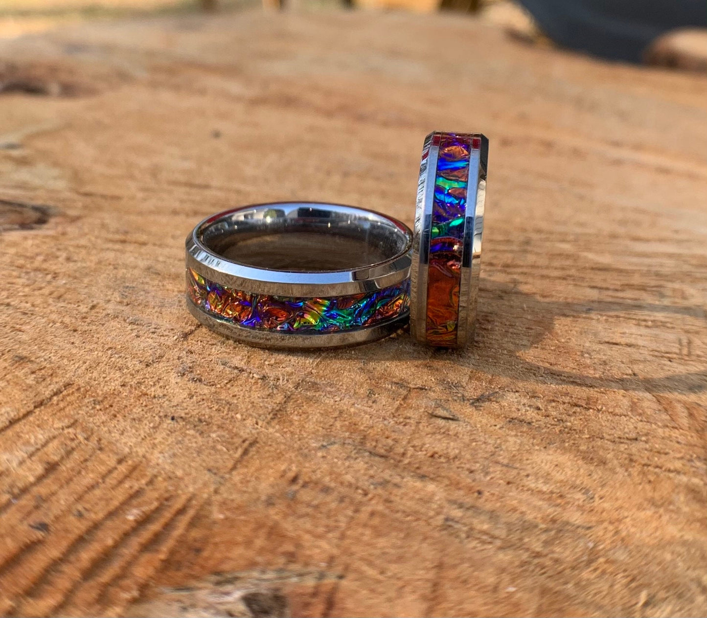 Tie Dye ring, Tungsten band, Rainbow inlay, dichrolam men's ring, woman's ring, wedding band, engagement ring, unique ring gift, custom ring