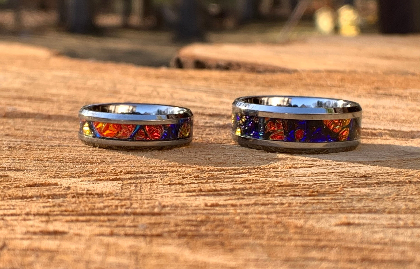 Blue and Red ring, Tungsten band, dichrolam inlay, men's ring, woman's ring, wedding band, engagement ring, unique ring gift, custom ring