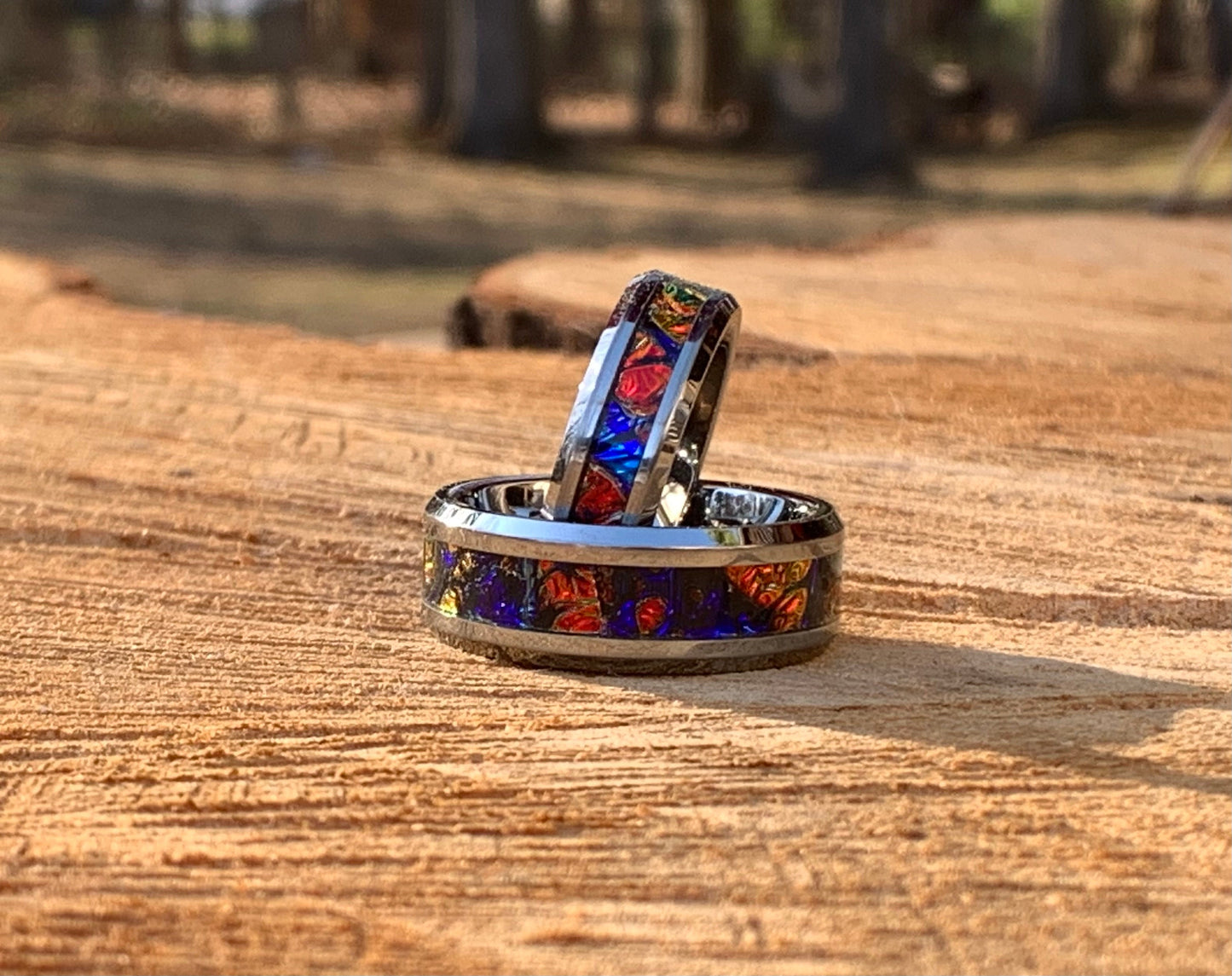 Blue and Red ring, Tungsten band, dichrolam inlay, men's ring, woman's ring, wedding band, engagement ring, unique ring gift, custom ring