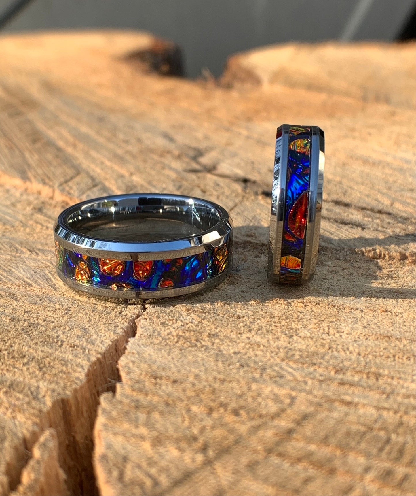 Blue and Red ring, Tungsten band, dichrolam inlay, men's ring, woman's ring, wedding band, engagement ring, unique ring gift, custom ring