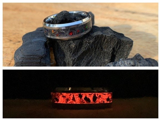 The Fire Pit, Black Opal ring, Tungsten band, Unisex ring, men's ring, woman's ring, wedding band, engagement ring, unique Camping gift, RV