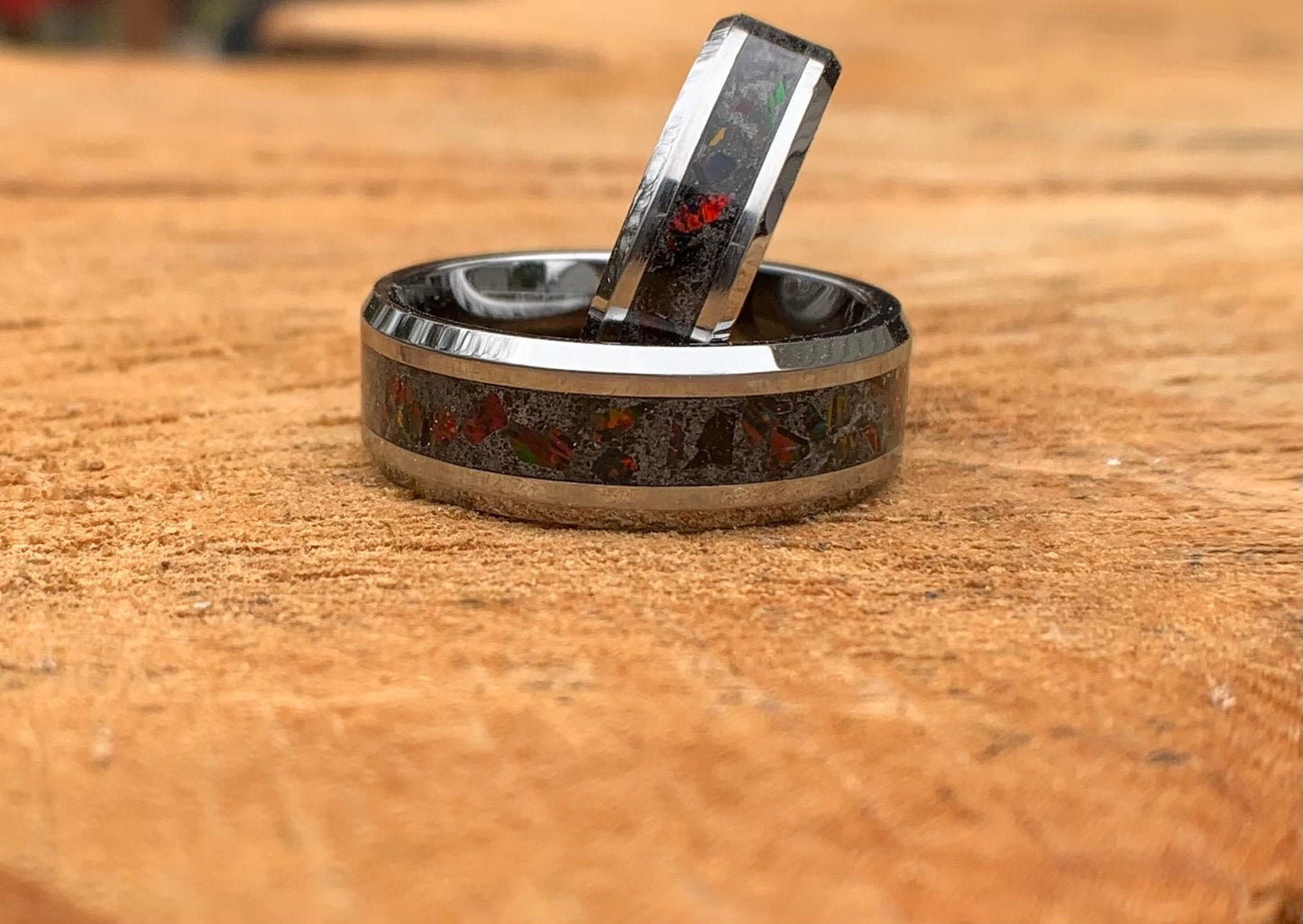 The Fire Pit, Black Opal ring, Tungsten band, Unisex ring, men's ring, woman's ring, wedding band, engagement ring, unique Camping gift, RV