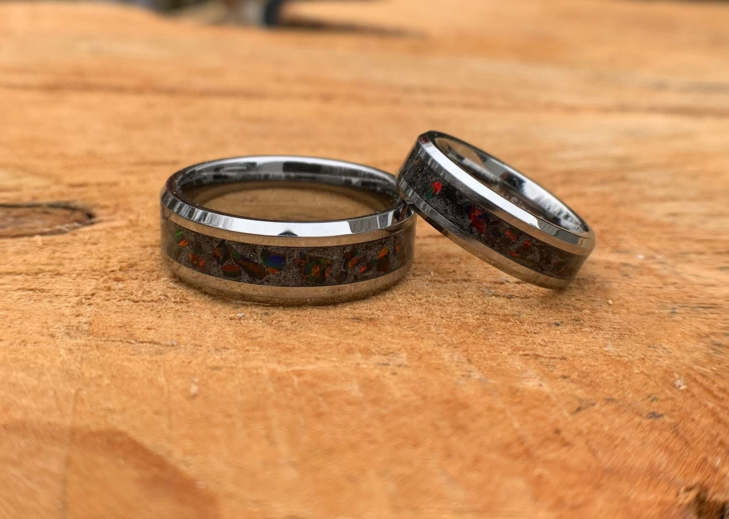 The Fire Pit, Black Opal ring, Tungsten band, Unisex ring, men's ring, woman's ring, wedding band, engagement ring, unique Camping gift, RV