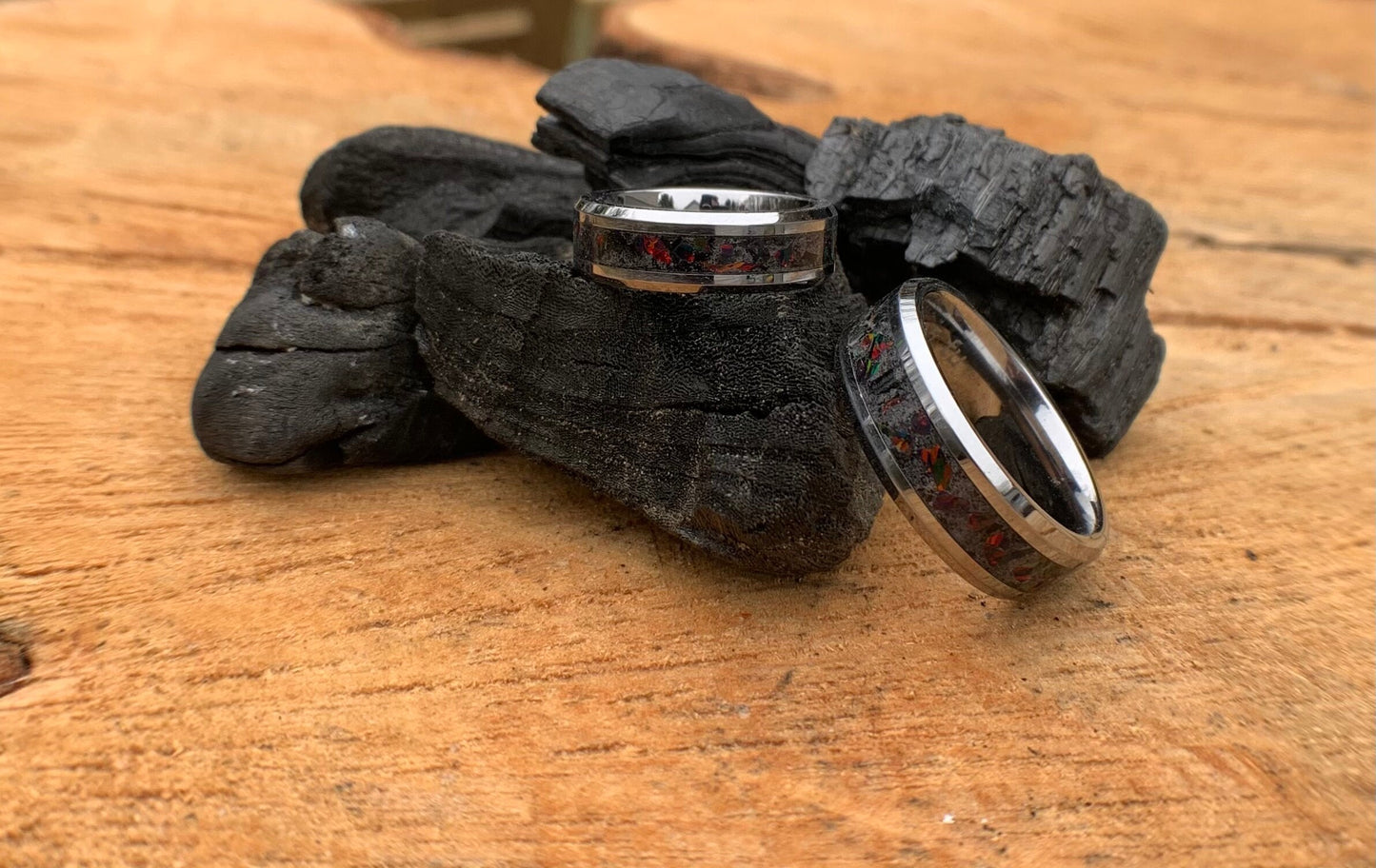 The Fire Pit, Black Opal ring, Tungsten band, Unisex ring, men's ring, woman's ring, wedding band, engagement ring, unique Camping gift, RV