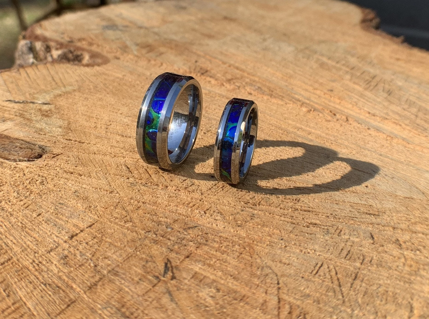 Sapphire blue ring, green ring, dichrolam, promise band,  wedding band, engagement band, vow renewal band, unique ring gift, matching band