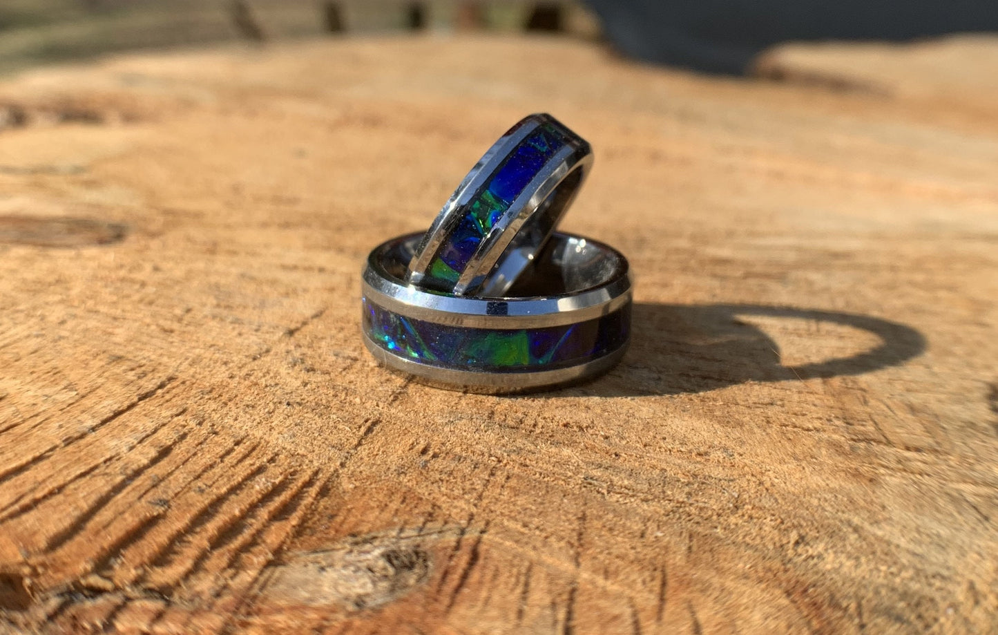 Sapphire blue ring, green ring, dichrolam, promise band,  wedding band, engagement band, vow renewal band, unique ring gift, matching band