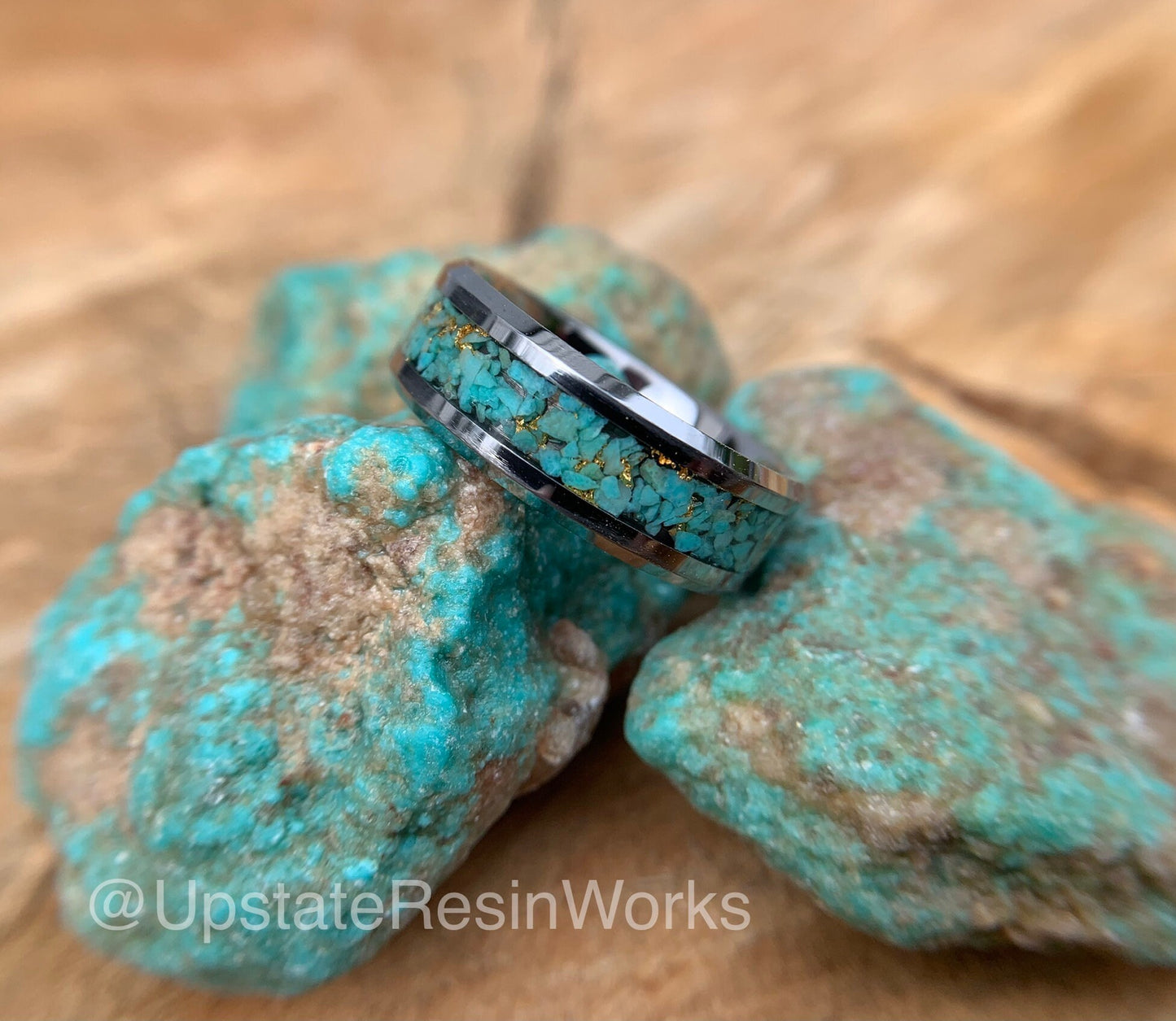 Genuine Turquoise ring, 24k gold, crystal, gemstone ring, Tungsten, wedding ring, promise ring, Anniversary Band, for him, for her, 6mm, 8mm