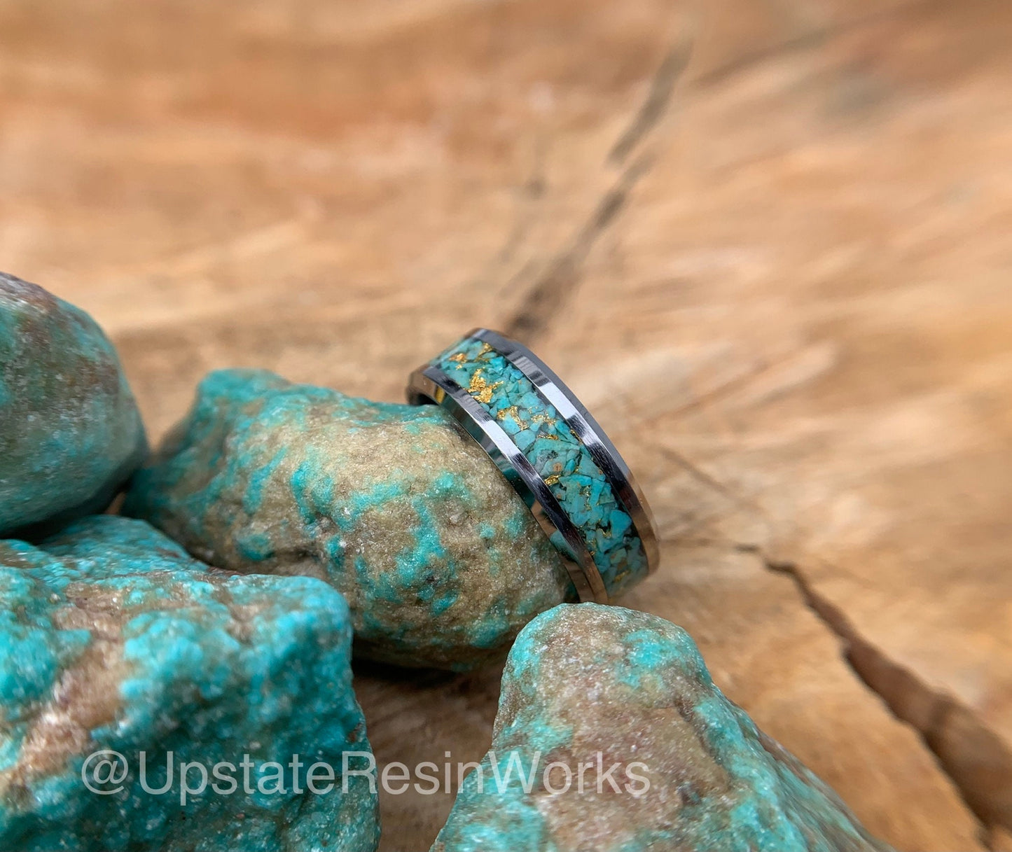 Genuine Turquoise ring, 24k gold, crystal, gemstone ring, Tungsten, wedding ring, promise ring, Anniversary Band, for him, for her, 6mm, 8mm