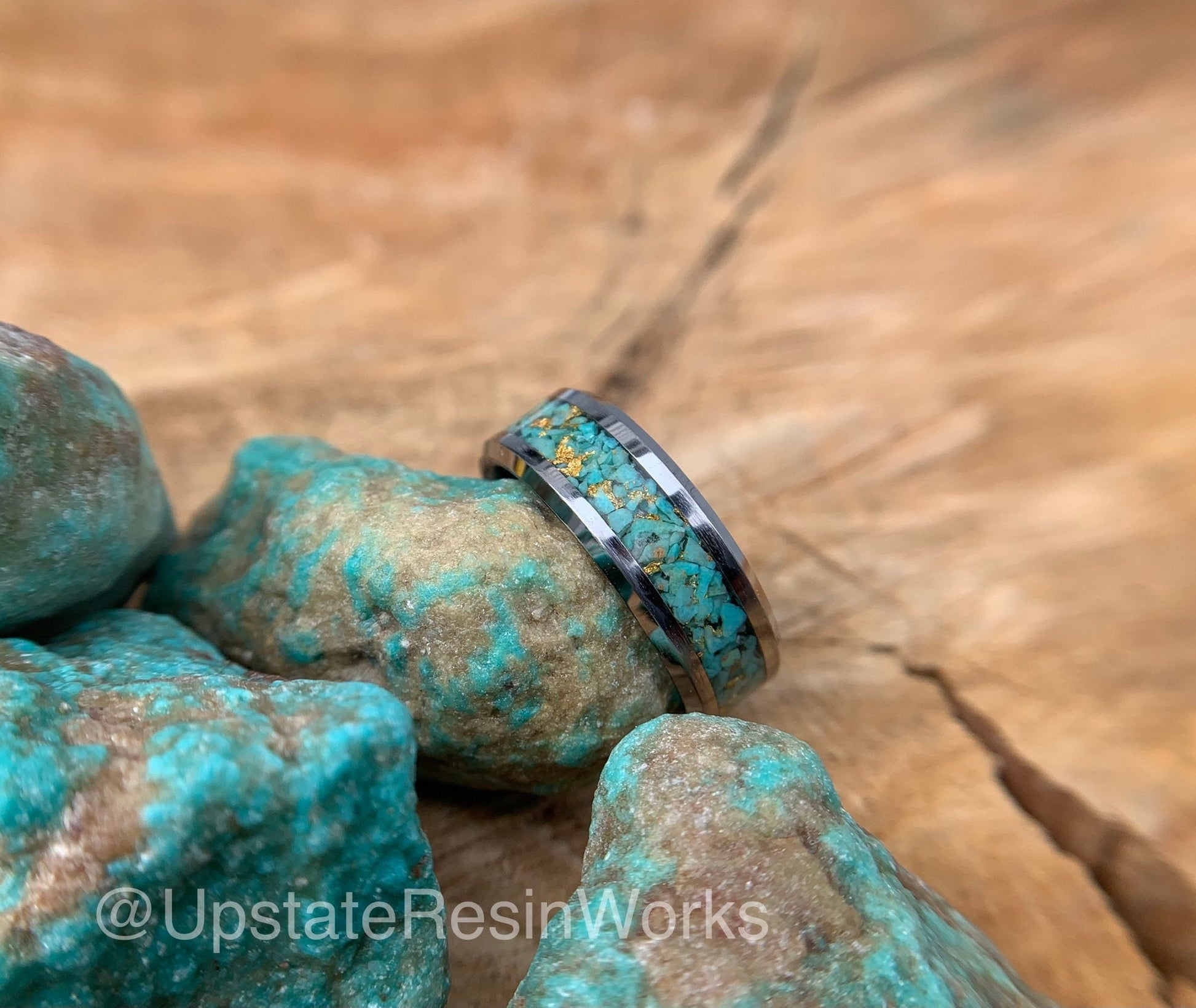 Genuine Turquoise ring, 24k gold, crystal, gemstone ring, Tungsten, wedding ring, promise ring, Anniversary Band, for him, for her, 6mm, 8mm