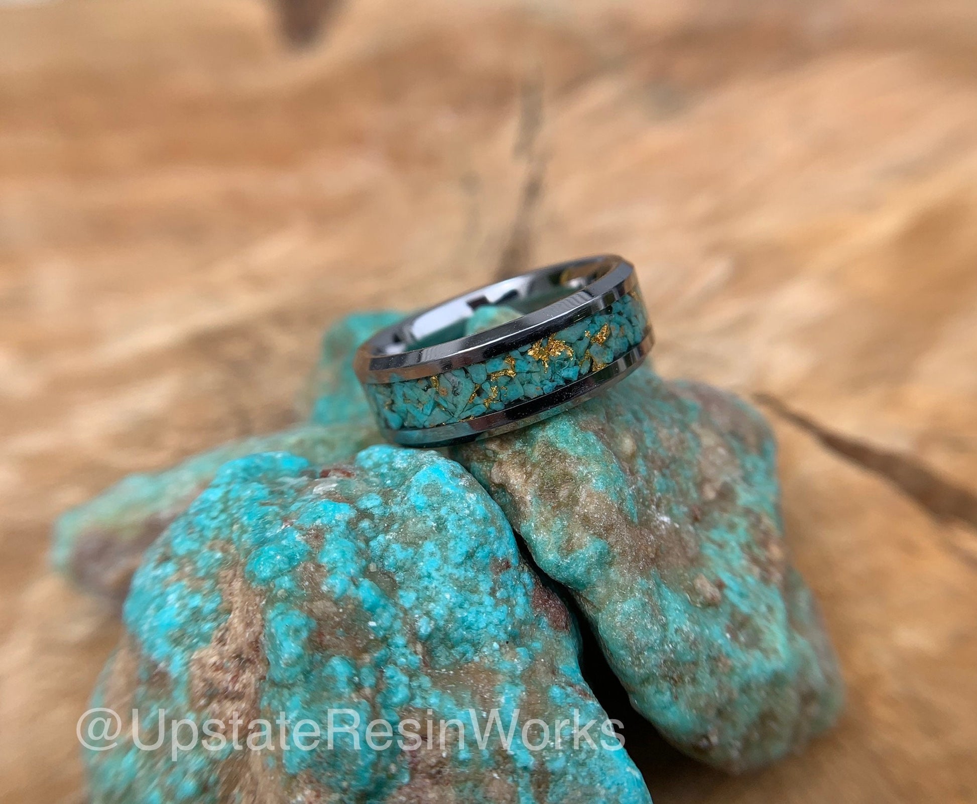 Genuine Turquoise ring, 24k gold, crystal, gemstone ring, Tungsten, wedding ring, promise ring, Anniversary Band, for him, for her, 6mm, 8mm