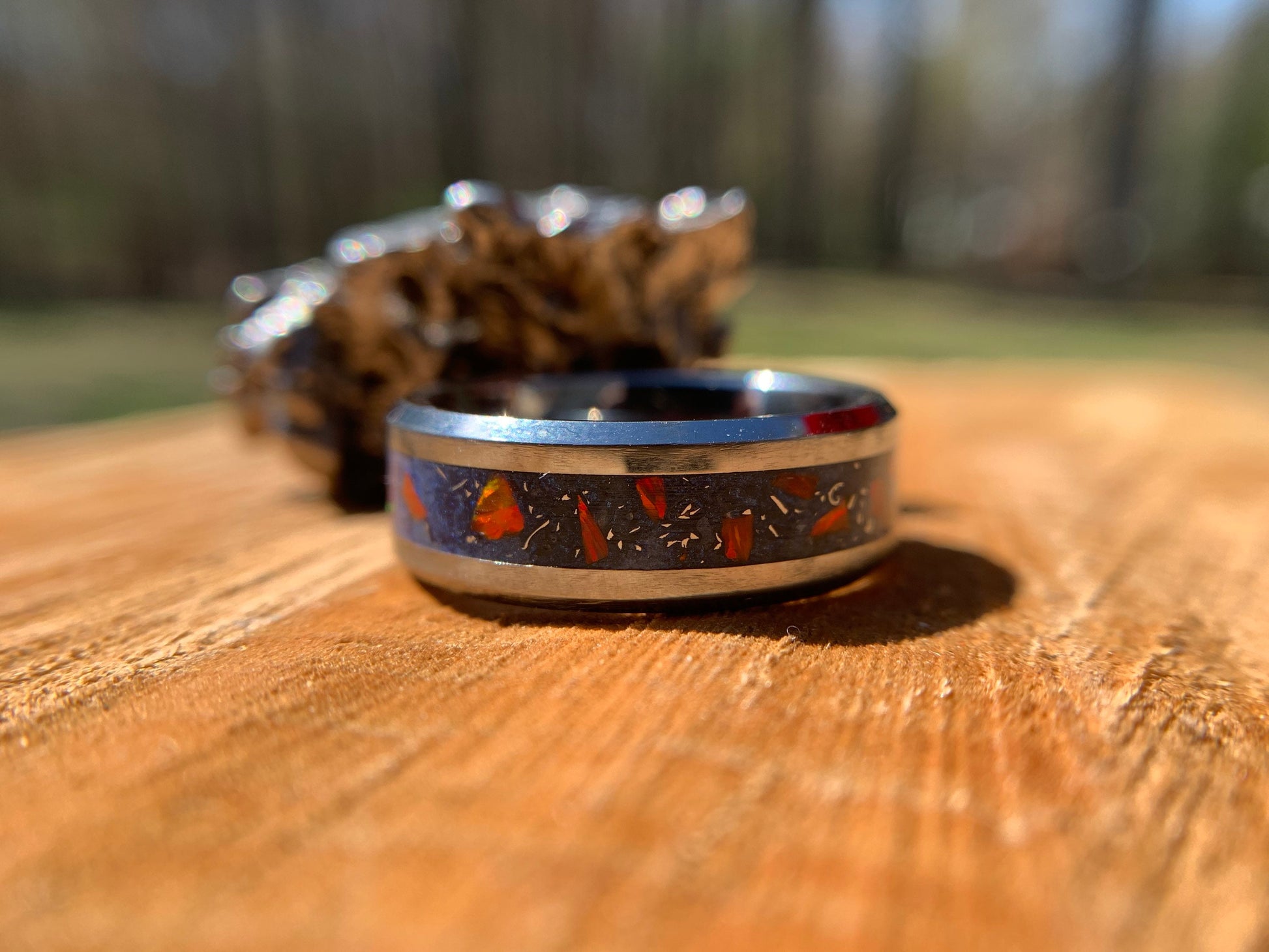 Crimson Red Opal Meteorite ring, gemstone ring, Titanium, Tungsten