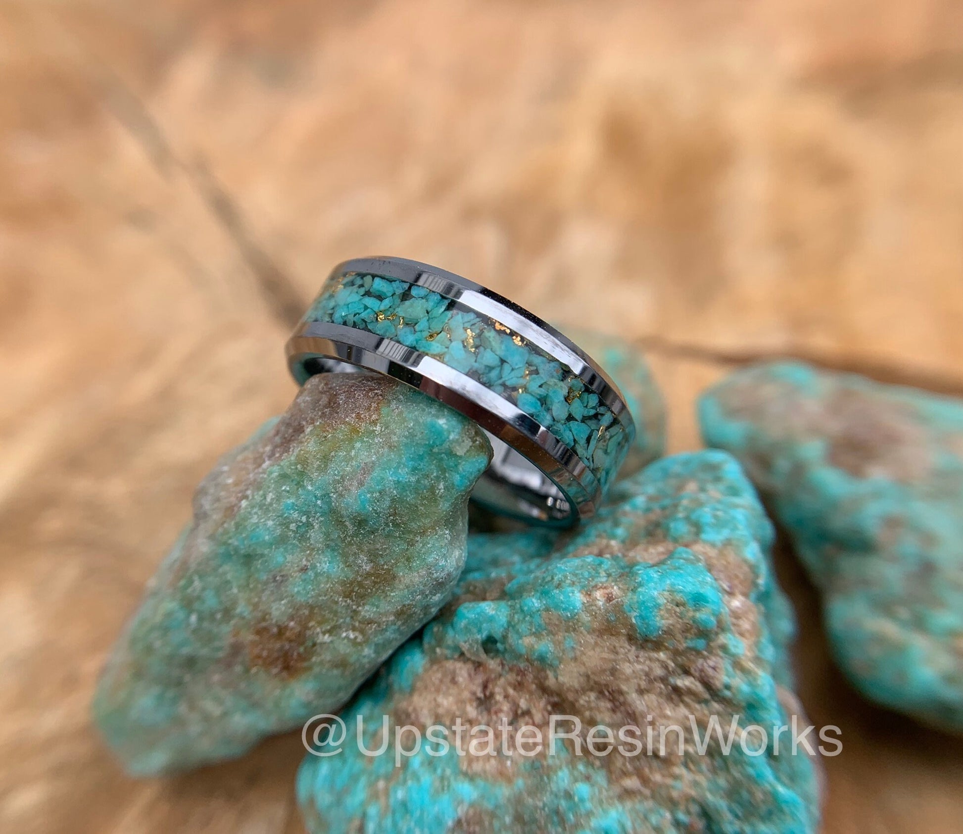 Genuine Turquoise ring, 24k gold, crystal, gemstone ring, Tungsten, wedding ring, promise ring, Anniversary Band, for him, for her, 6mm, 8mm