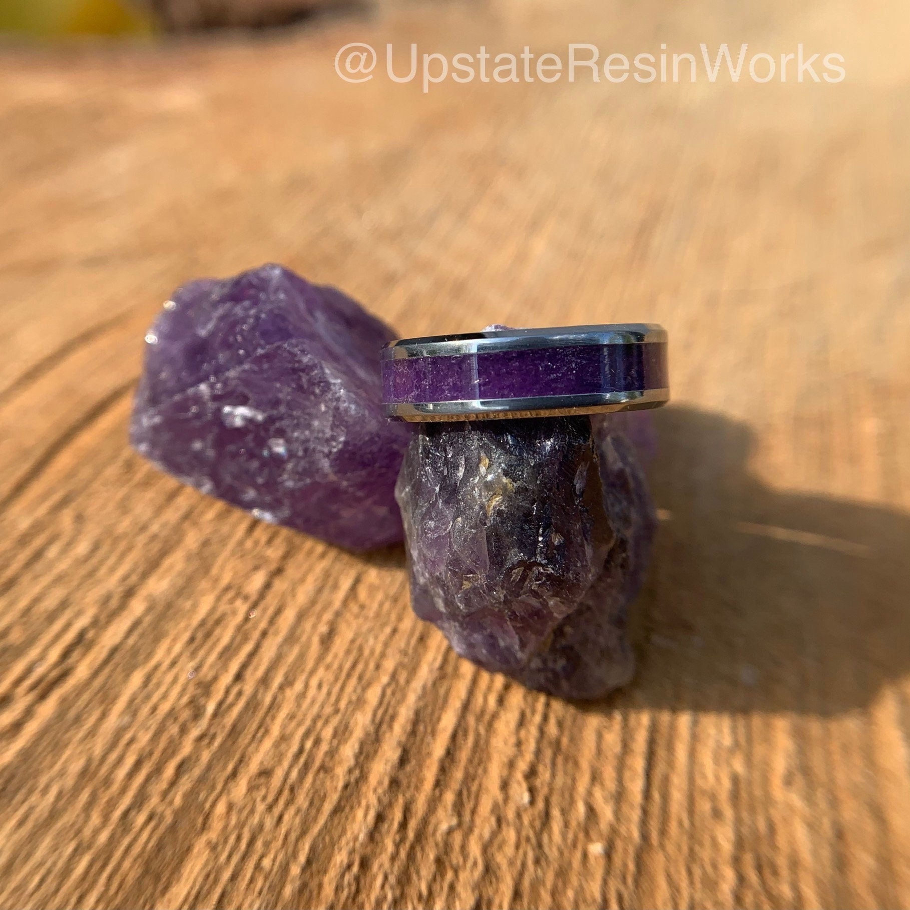 Genuine amethyst ring, crystal, gemstone ring, Titanium, Tungsten, wed –  Upstate Resin Works LLC