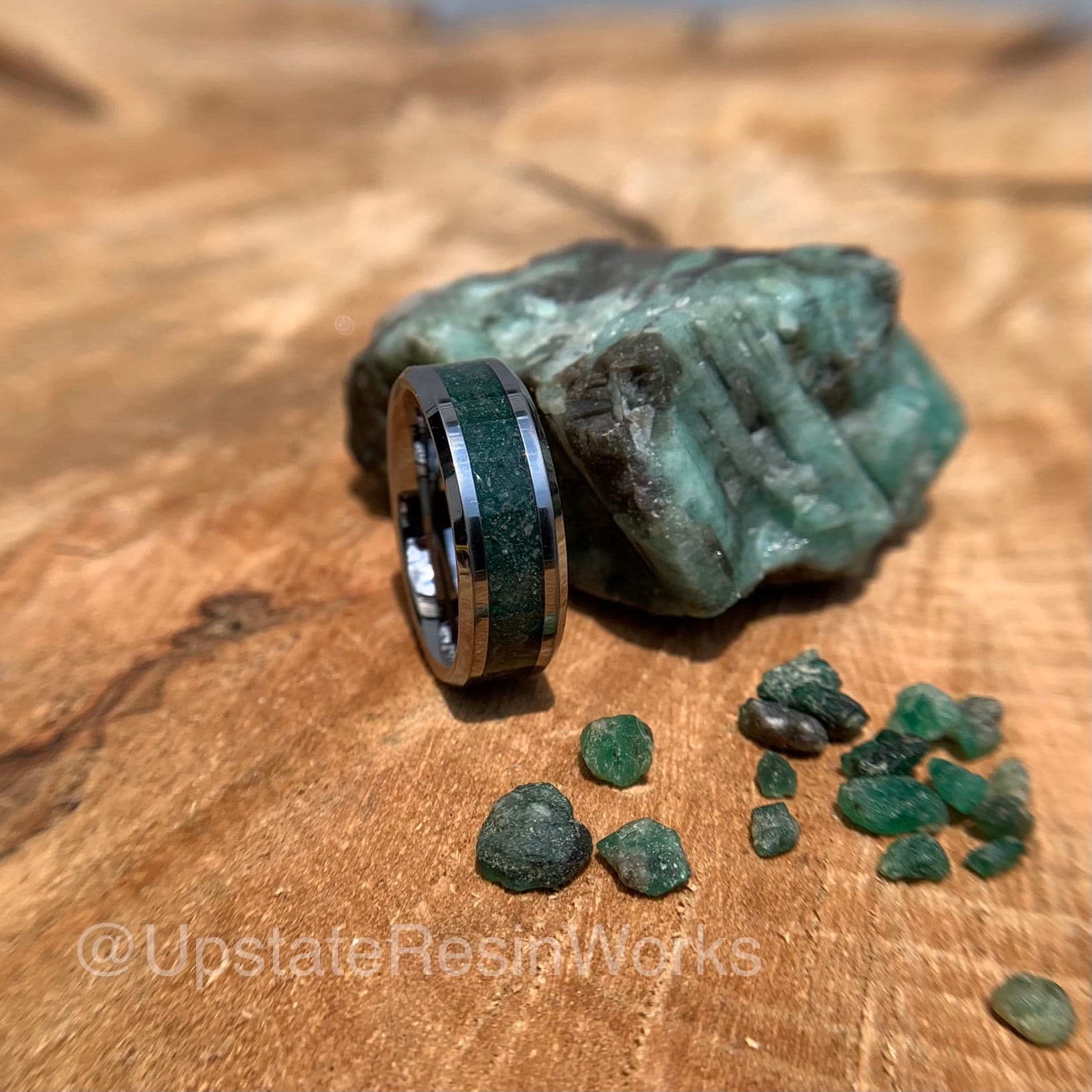 Emerald Green ring, Tungsten band, Real Emeralds crushed, gemstone rings, mens ring womans ring, wedding band, engagement ring