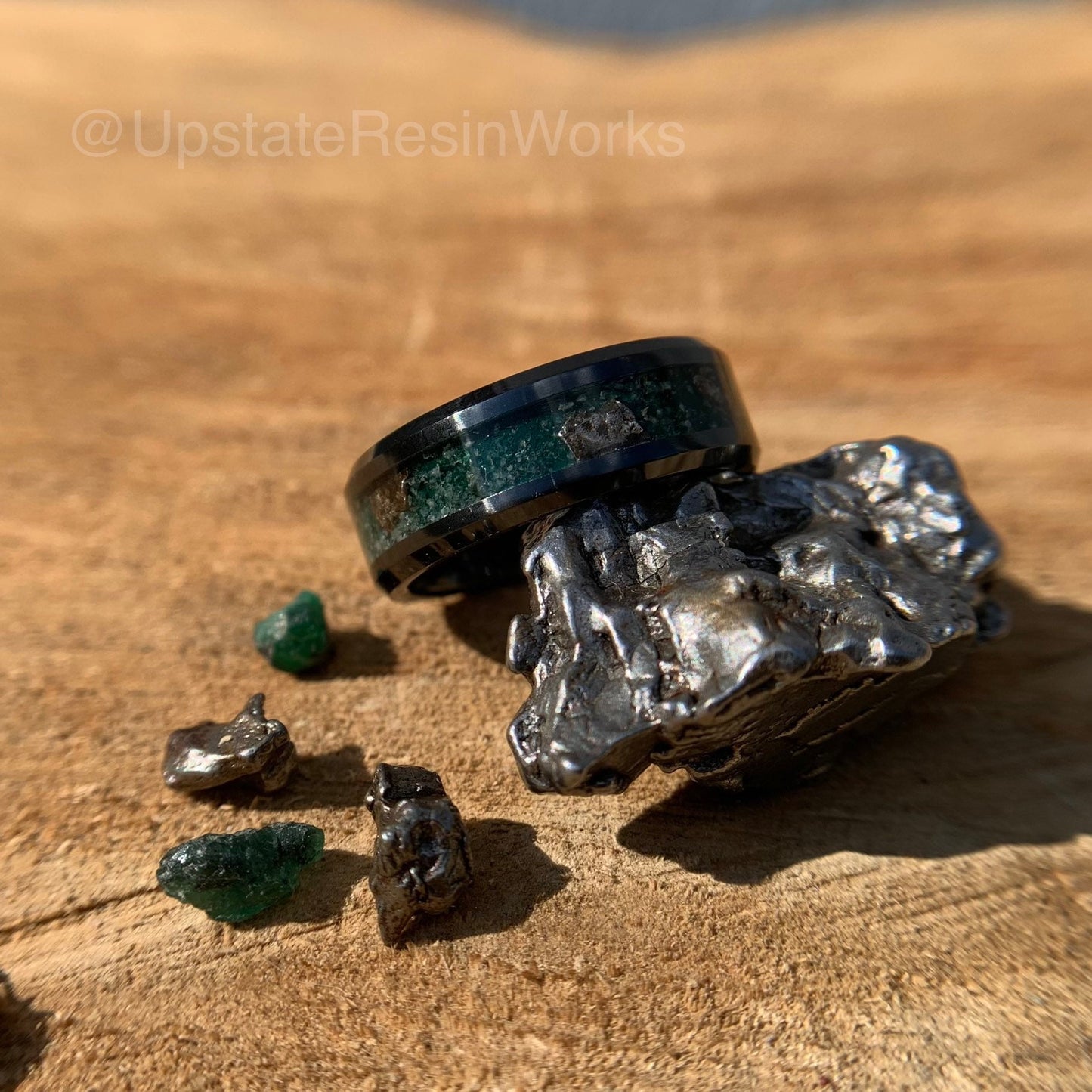 Genuine Emerald ring, Meteorite fragment, crystal, gemstone ring,  wedding ring, promise ring, Anniversary ring, engagement ring, 6mm, 8mm