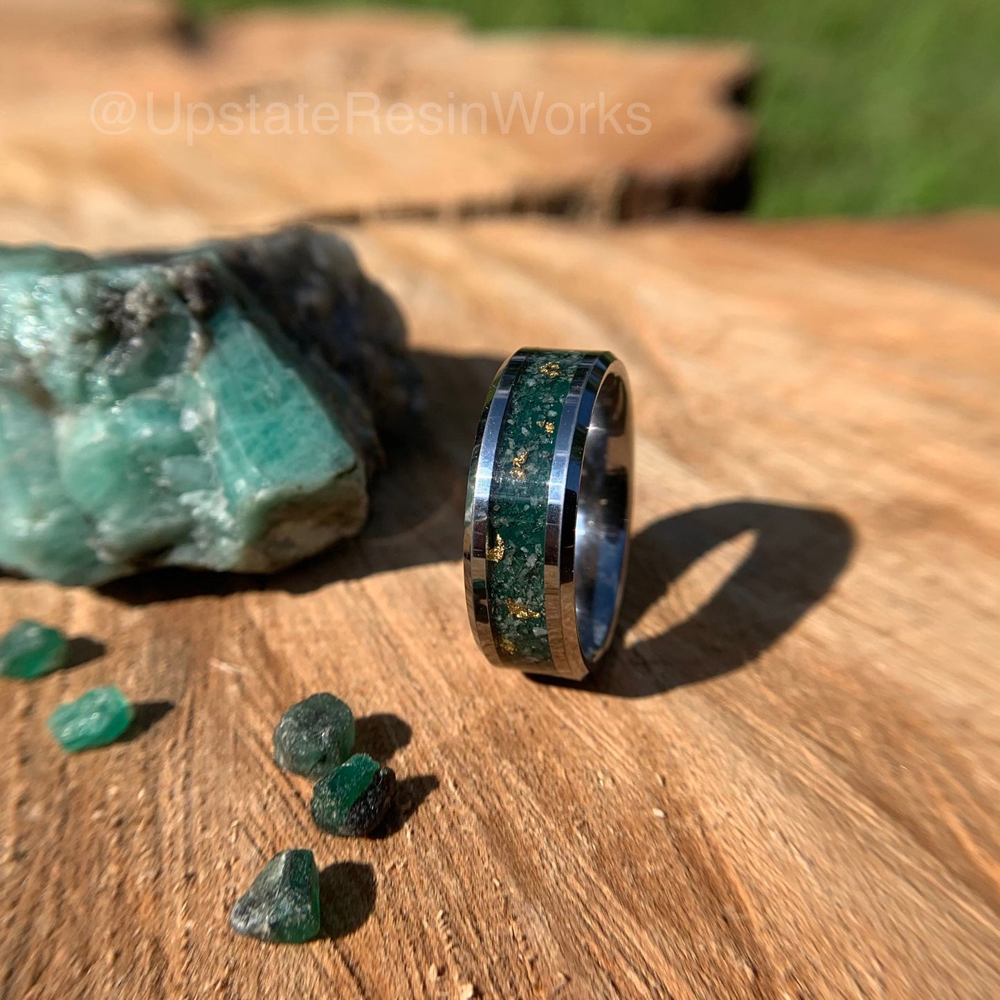 Emerald Green ring, 24k gold, Tungsten band, Real Emeralds crushed, gemstone rings, mens ring womans ring, wedding band, engagement ring