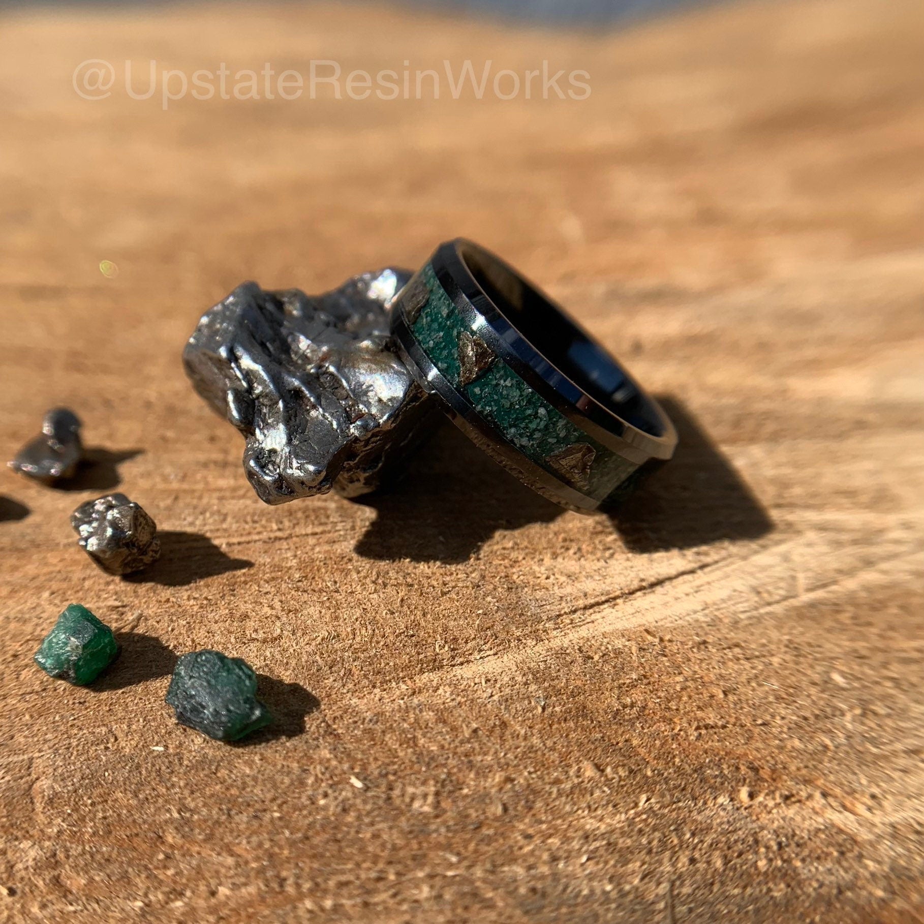 Genuine Emerald ring, Meteorite fragment, crystal, gemstone ring,  wedding ring, promise ring, Anniversary ring, engagement ring, 6mm, 8mm