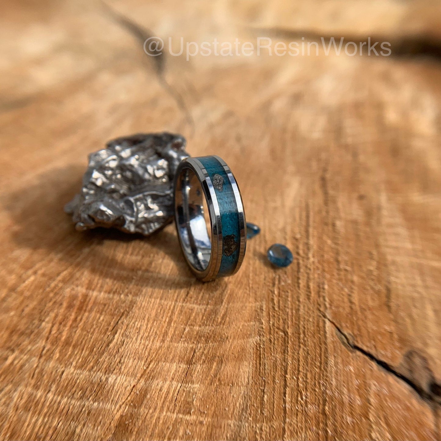 Real London Blue Topaz ring, Meteorite and Topaz ring, meteorite ring, gemstone rings mens ring womans ring, wedding band, engagement band