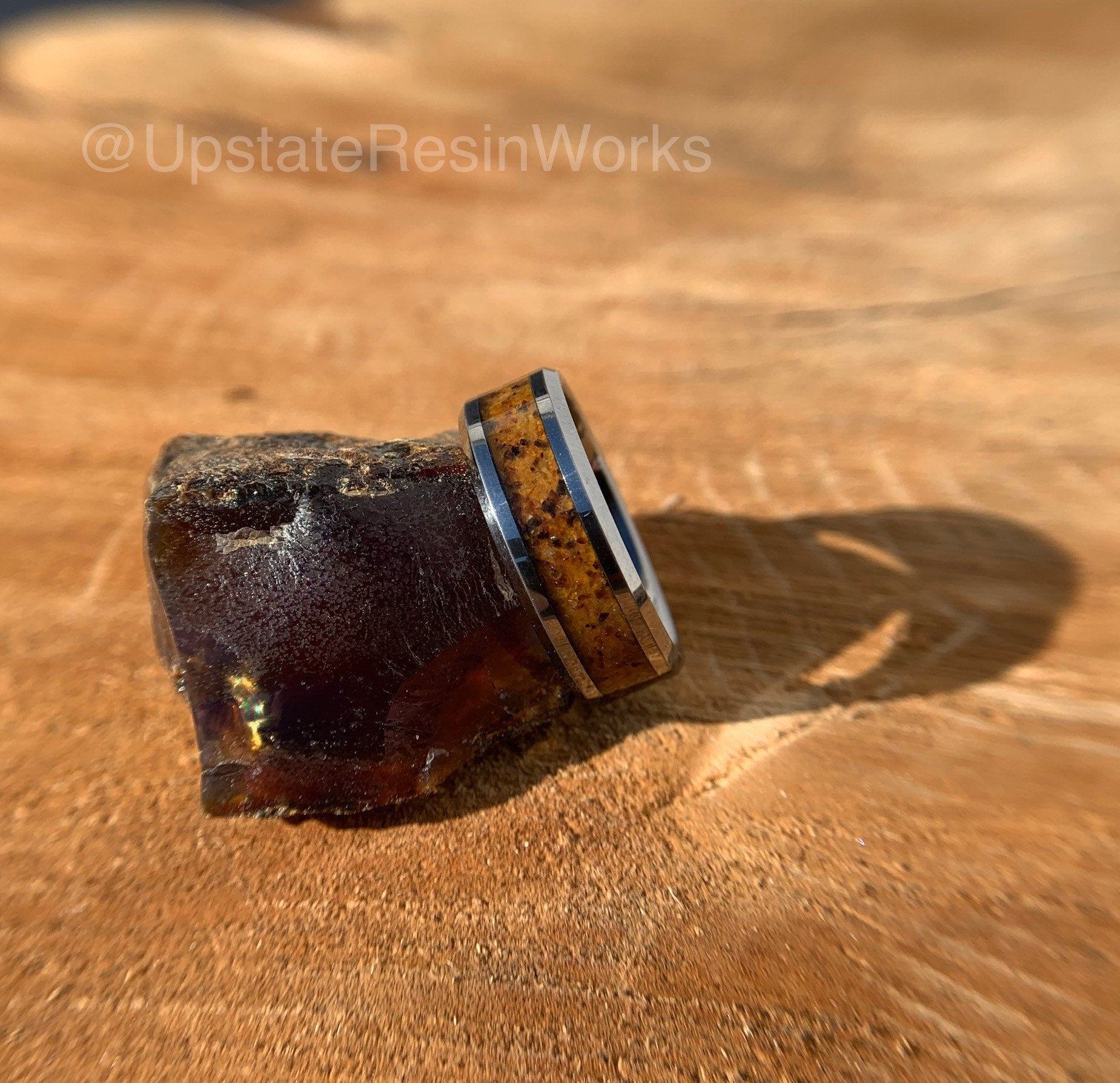 Genuine Amber ring, Fossil Amber band, Fossilized Amber, Tungsten band, gemstone rings, mens ring womans ring, wedding band, engagement ring